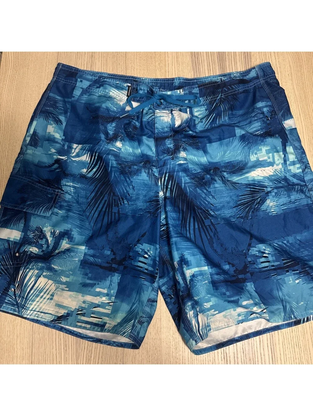 Joe Boxer Mens Swim Trunks Board Shorts XL Blue Palm Trees Geometric Pattern